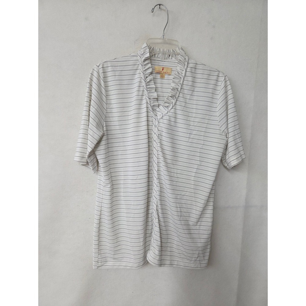 Sport Haley Womens Large White Navy Pinstripe Ruffle Collar Golf Polo Shirt L